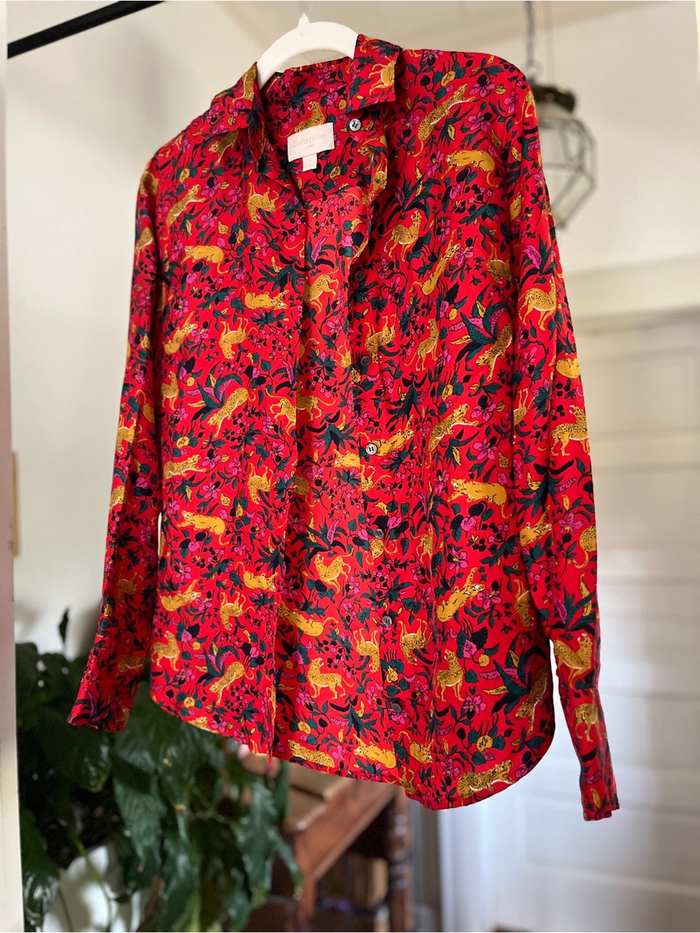 Silk Leopard Red Long Sleeve Button-down Blouse J Crew Collection Multicolor